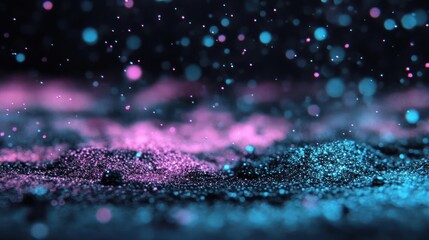 Fototapete - Abstract shot with blurred pink and blue particles scattered on the floor, creates a mysterious ambiance with bokeh and depth of field