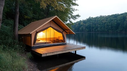 Poster - A serene glamping tent sits on a wooden platform by calm water, illuminated from within. Lush green trees line the background, contrasting with the tent's warm glow and reflecting in the tranquil