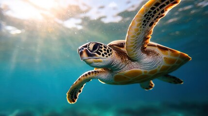 Aufkleber - A captivating underwater shot showcases a green sea turtle gracefully swimming in clear, turquoise water. The sunlight creates a bright, ethereal ambiance, highlighting the turtle's patterned shell