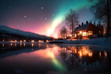 Poster - Scenic landscape featuring a cozy cabin with illuminated windows reflecting on a tranquil lake under the vibrant Aurora Borealis and starry night sky, surrounded by snow-covered trees and mountains