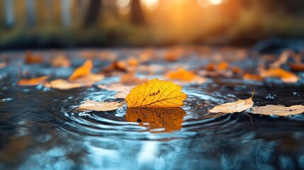 Poster - Close up of autumn leaves floating on water with sunlight flare. The vibrant leaves create a colorful contrast against the dark water, showcasing a tranquil autumn forest scene. The water reflects