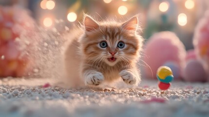 Aufkleber - A charming close up of a small orange kitten playing with a colorful toy. Surrounded by a blurred background of twinkling lights and soft, pastel decorative elements, the scene is illuminated with a