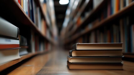 Poster - A ground-level shot features a stack of three books in the foreground, resting on a light brown wooden surface. The background is a blurred view of bookshelves filled with books, suggesting a library