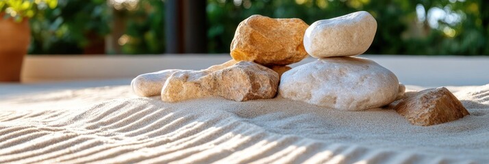 Poster - Close up of sand zen garden with a pyramid of rocks on a white surface, with green plant background. The garden features textured raked sand lines and a tranquil atmosphere