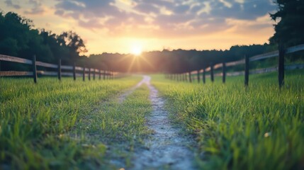 Aufkleber - A dirt path extends into the distance through green grass, leading the eye toward a warm, sunlit horizon framed by trees and a wooden fence. The image is bathed in soft, natural light, highlighting