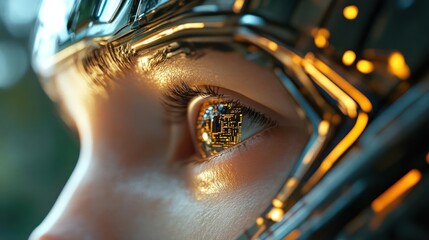 Poster - A close up view of a female humanoid robot face featuring an eye with a complex circuit pattern in warm golden tones with metal headgear and skin