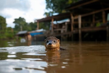 Poster - An otter is swimming in a river in front of wooden building with dense trees in the background under a cloudy sky, close up shot of the semiaquatic mammal coming out of the water reflecting its