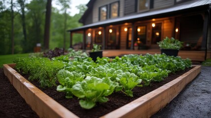 Poster - Close up view of raised garden bed, containing lettuce and herbs, soil, a wooden frame, lush green trees and a house during daytime with warm lighting from inside