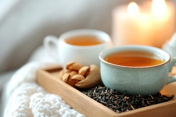 Poster - Close-up shot features a light blue teacup with tea on a wooden tray, accompanied by loose tea leaves, nuts, and a candle, set against a soft white textured background, creating a warm, inviting