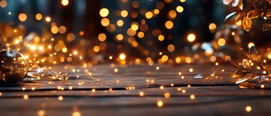 Aufkleber - Elegant display of festive lights illuminating a rustic wooden surface, with golden leaves and decorative ornaments adding a touch of holiday charm against a blurred bokeh background