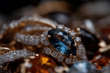 Aufkleber - Close-up showcases gold rings adorned with diamonds surrounding a central, deep blue gemstone. Gems are visible in soft focus, creating a luxurious and shimmering background