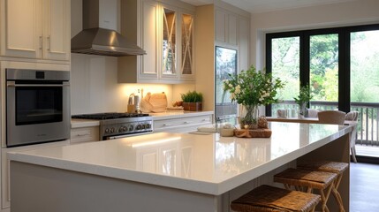 Fototapete - A modern kitchen interior showcases a large island with light-colored countertop, woven stools, metal appliances, and light colored cabinets, set against a backdrop of natural light filtering through