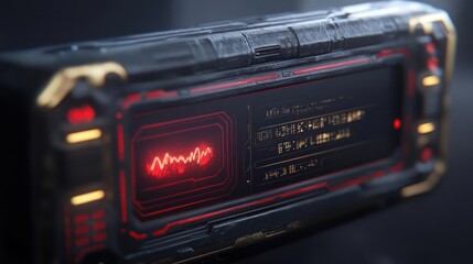 Fototapete - A futuristic device is displayed, featuring a sleek black exterior, gold trim, and red digital display. The focus is on its aesthetic and functional design, highlighted by a dark background and