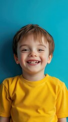 Poster - A young boy smiling while holding a toothbrush, a moment of everyday life.
