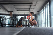 © 2B - Woman exercises with a weighted ball while a dog watches in a modern gym setting during a daytime workout