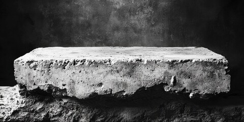 Poster - A textured concrete slab rests on a rough surface, creating a stark contrast against a dark background, emphasizing its industrial aesthetic.