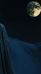 Poster - A mysterious woman in a black cloak looks up at the night sky, illuminated by the glow of the full moon.