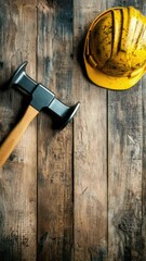 Poster - A yellow hard hat sits on a wooden floor, ready for use.