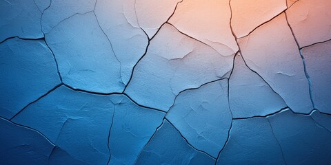Poster - A textured surface featuring cracked blue paint, blending shades of blue and orange, evoking a sense of age and wear.