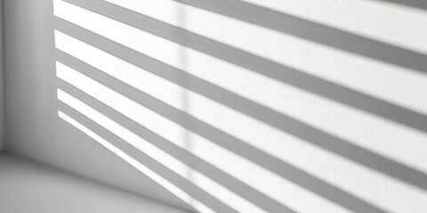 Poster - A minimalist interior scene featuring shadows cast by light through slats, creating a serene and geometric pattern on a white wall.