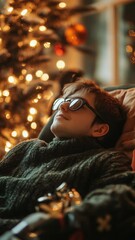 Poster - A person lounging beside a decorated Christmas tree, perfect for holiday scenes or cozy winter moments.