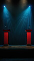 Poster - Stage setup with two red podiums and spotlights.