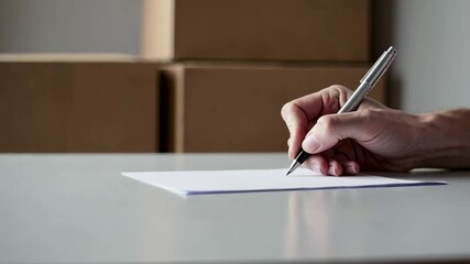 Aufkleber - Warehouse logistics professional writing order details, standing near stacked cardboard boxes during package preparation and shipping management process