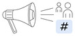 © robu_s - Megaphone projecting sound waves toward abstract people icons and a metadata tag. Ideal for marketing, communication, publicity, social media, branding, advertising, community, simple landing page