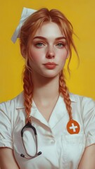 Aufkleber - A woman wearing a nurse uniform and holding a stethoscope, ready for medical duties.