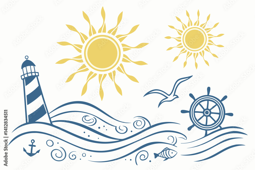 24 Sun and sea icons, bright yellow suns, blue waves, minimalist design ...