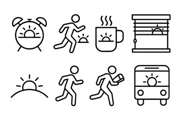 Poster - Morning routine icons set: linear style for daily activities and sunrise themes