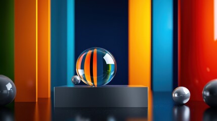 Poster - A glass sphere sits on a dark pedestal, surrounded by smaller spheres. Background strips of vivid colors create a striking visual contrast, showcasing an artistic display.