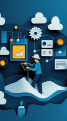 Poster - A creative illustration depicting a worker using technology amidst various digital icons and elements, symbolizing innovation and data management.