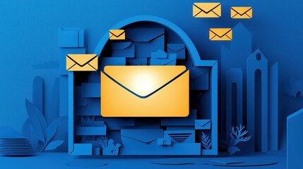 Poster - A vibrant blue graphic featuring a large yellow envelope surrounded by smaller envelopes, symbolizing communication and digital messaging.