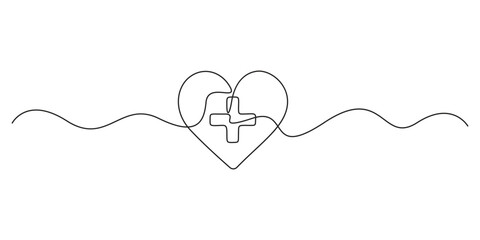 Poster -  Continuous one line drawing of heart with medical symbol icon. Isolated on black thin line white background. Vector illustration