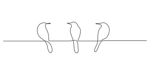 Fototapete - Abstract birds on branches continuous single line drawing. Birds on branch background in black and white, modern vector illustration 