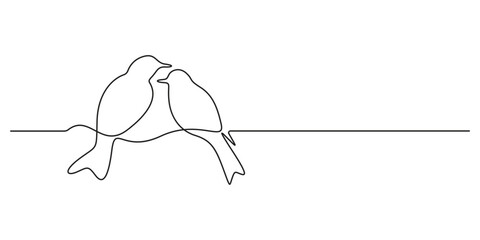 Fototapete - Abstract birds on branches continuous single line drawing. Birds on branch background in black and white, modern vector illustration 