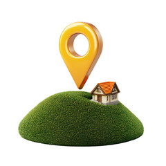 3d icon of a location pin above a grassy patch with a house, isolated on a template background png
