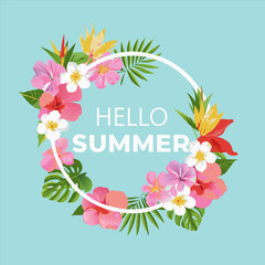  Colorful floral wreath with the text hello Summer in the center
