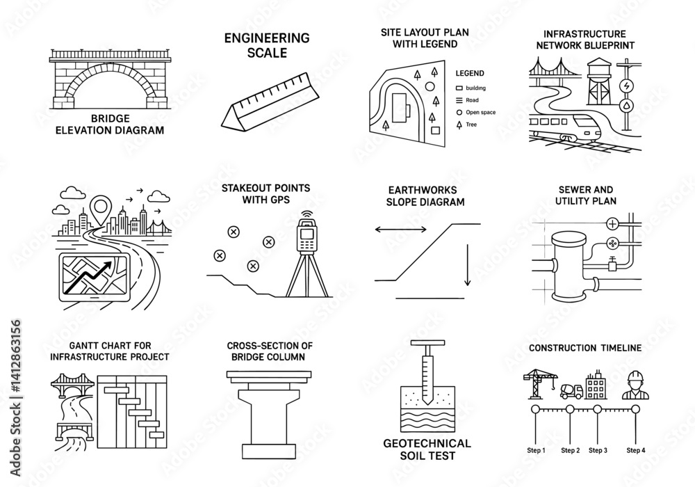 Construction infrastructure highway blueprint concept. Illustrations of ...