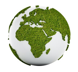 white globe with continents covered with grass isolated on transparent background