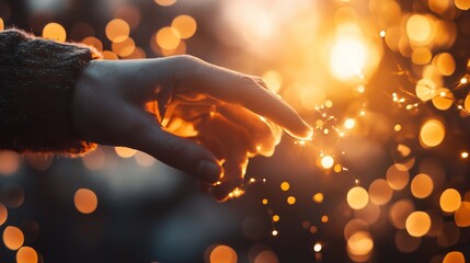 Poster - Close-up of a hand reaching towards glowing lights in a serene evening setting filled with warm colors