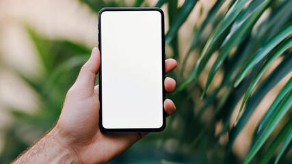 Poster - Man holding a smartphone with a blank white screen, perfect for showcasing apps or websites, with a blurred tropical background of palm leaves