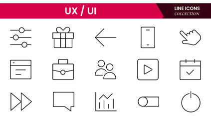 Vector illustration web line icon collection focused on UX/UI design, featuring wireframes, user flow, interface elements, cursor clicks, mobile layout, and usability symbols.