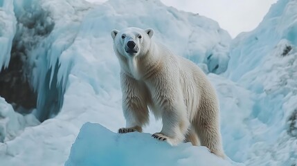 the polar bear gazes into the distance while standing tall on a massive, icy iceberg in the arctic.