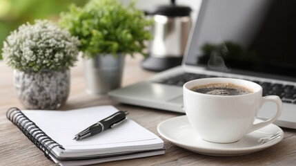 Poster - Inviting desk scene with a cup of coffee and laptop highlighting the concept of beginning simply to inspire creativity