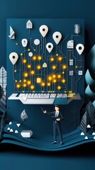 Poster - A modern, artistic representation of technology, featuring a keyboard connected to a network of nodes and a figure, symbolizing digital communication and innovation.