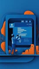 Poster - A digital illustration depicting a person interacting with a computer interface, surrounded by vibrant blue and orange elements.