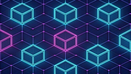 Aufkleber - A vibrant network of glowing interconnected cubes pulsating with energy in a futuristic digital landscape with neon pink and blue hues.