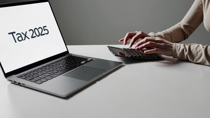 Poster - Female accountant using a calculator and laptop is calculating taxes for the year 2025, preparing financial reports and managing business expenses